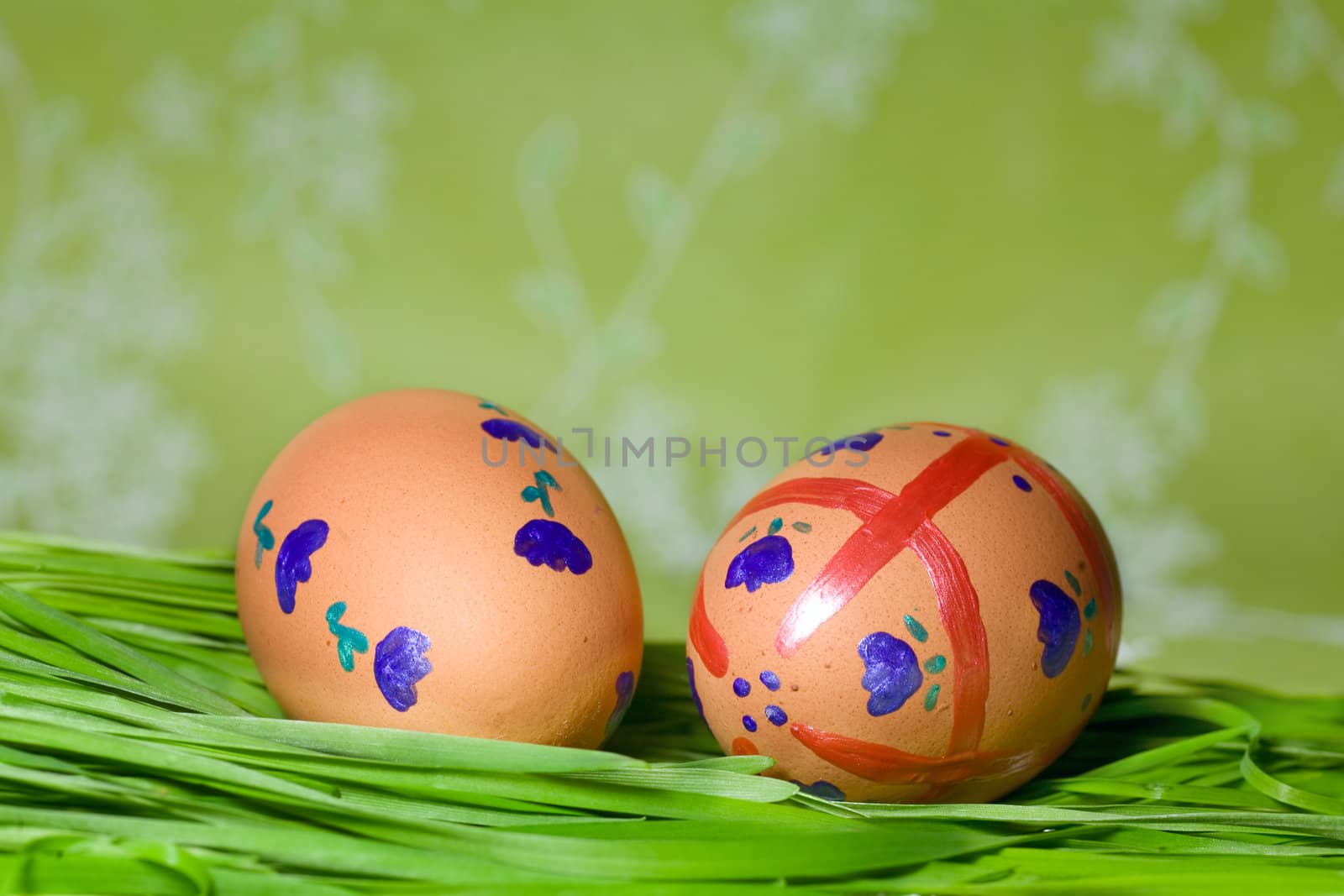 Painted Colorful Easter Eggs on green Grass by foryouinf