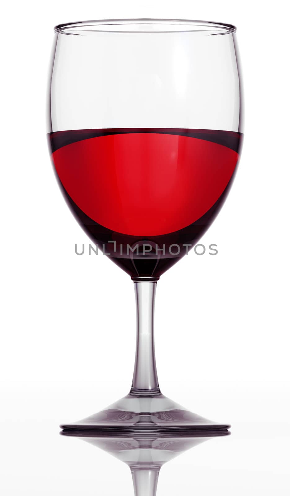 Red wine glass isolated on white background with reflective floor. 3d