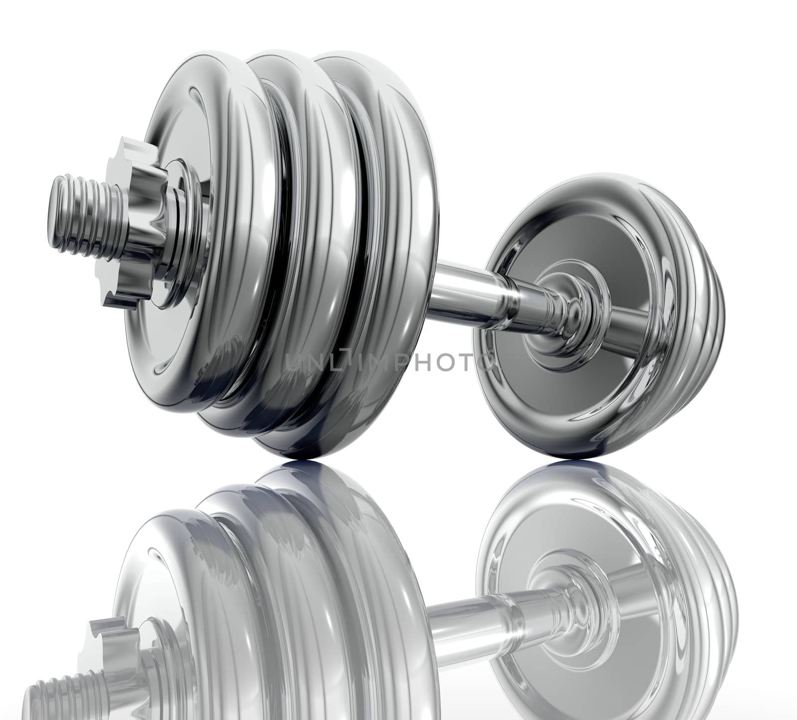 Chromed dumbbell isolated on white background in close up side view. 3d
