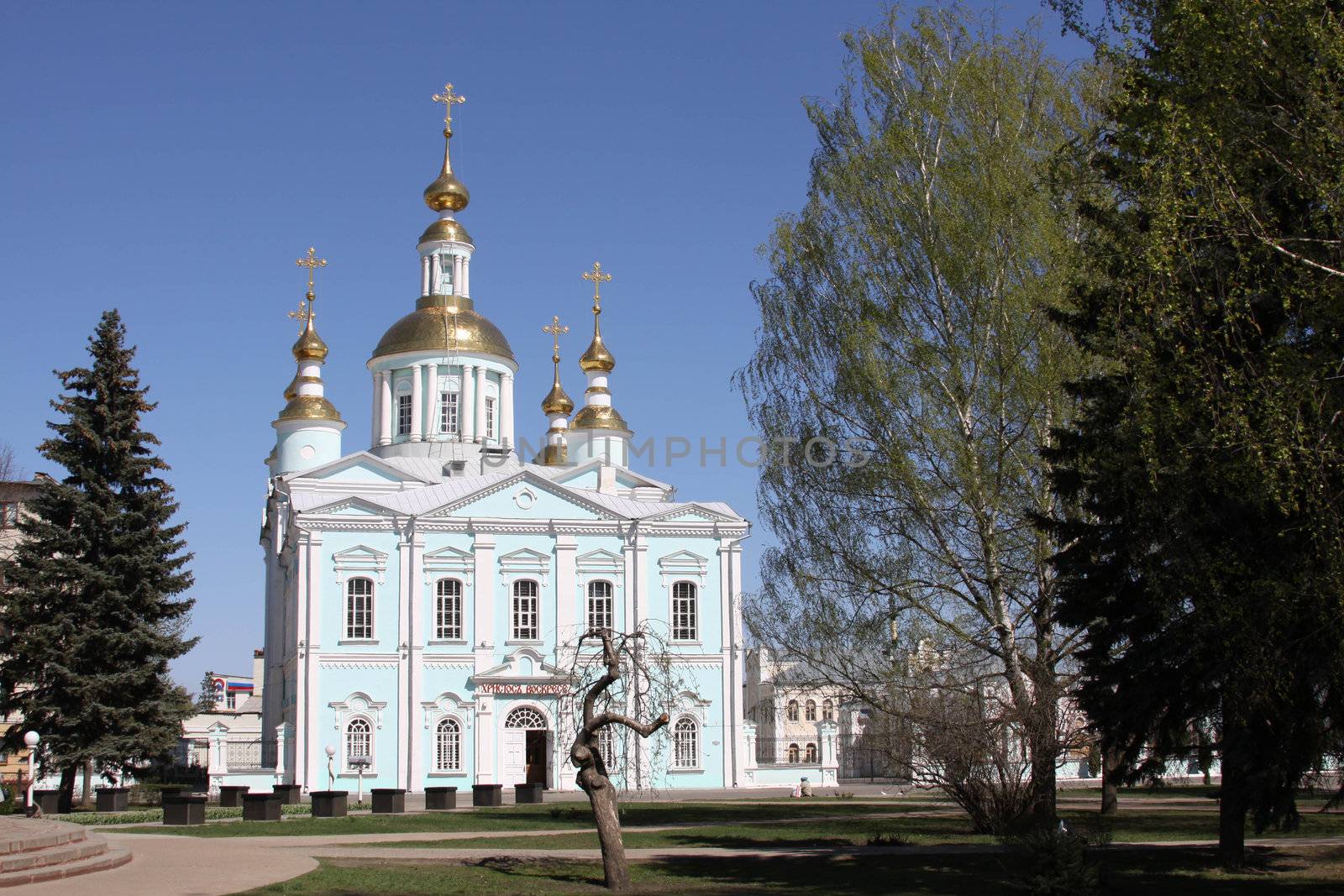 Church with gold domes in the spring