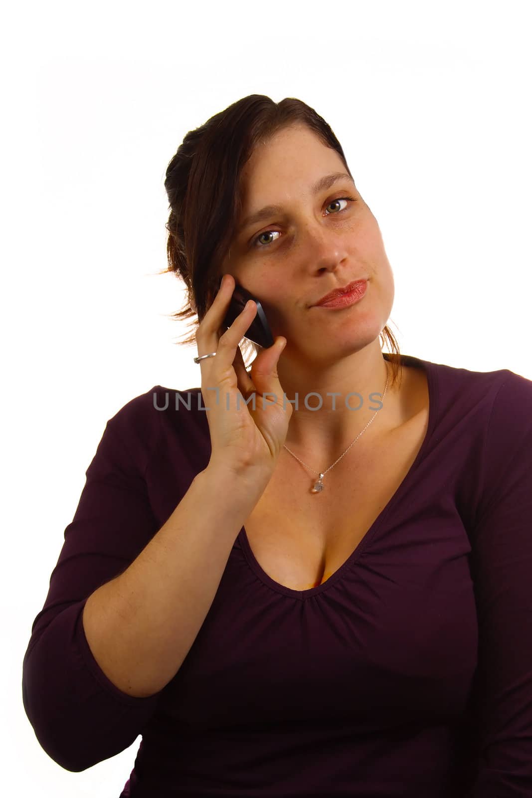 Woman on the phone, isolated on white background