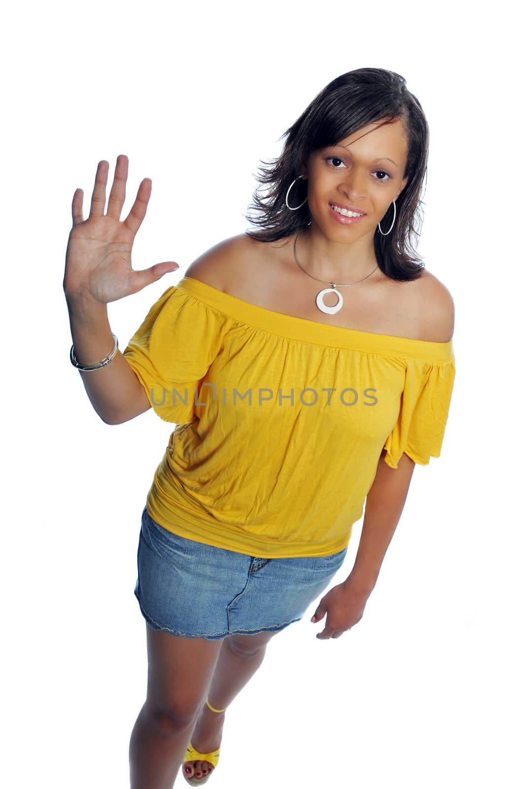 attractive young model on white waving