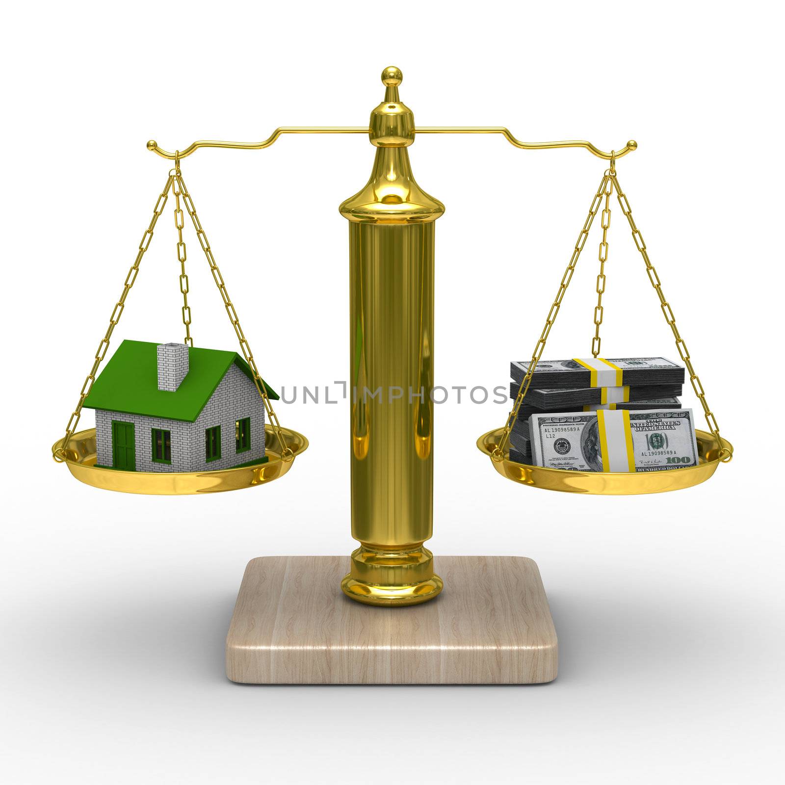 house and cashes on scales. Isolated 3D image