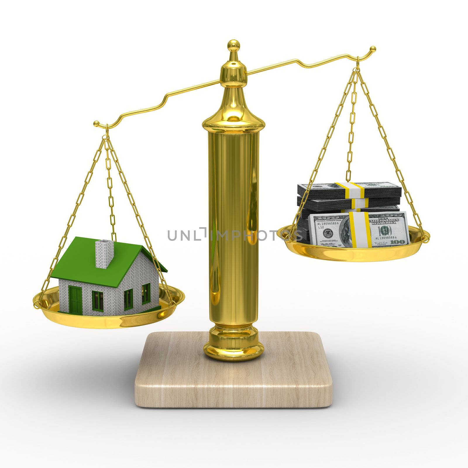 house and cashes on scales. Isolated 3D image