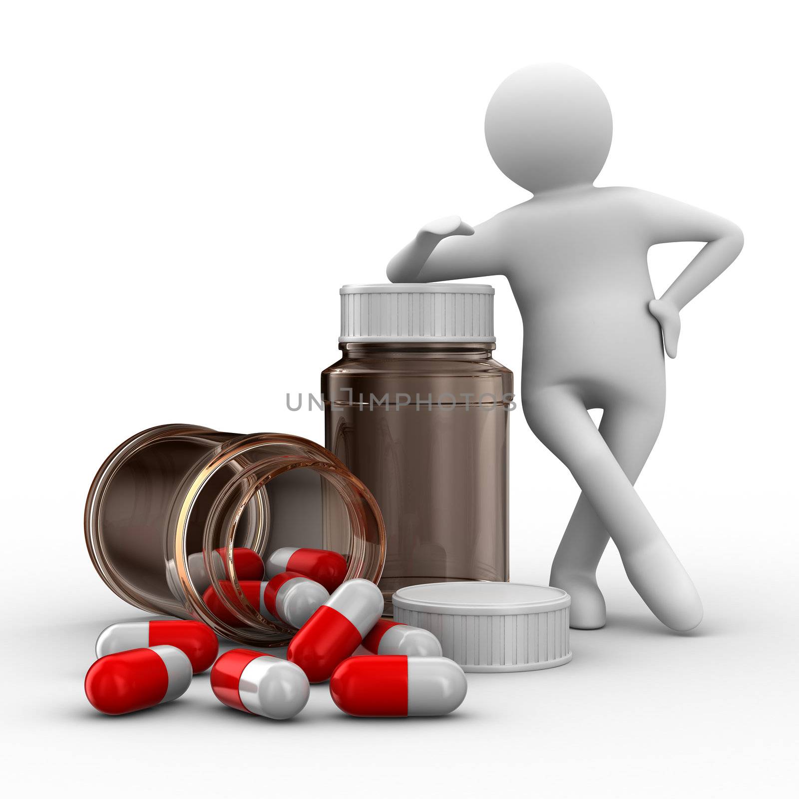 man with bottle for tablets. Isolated 3D image