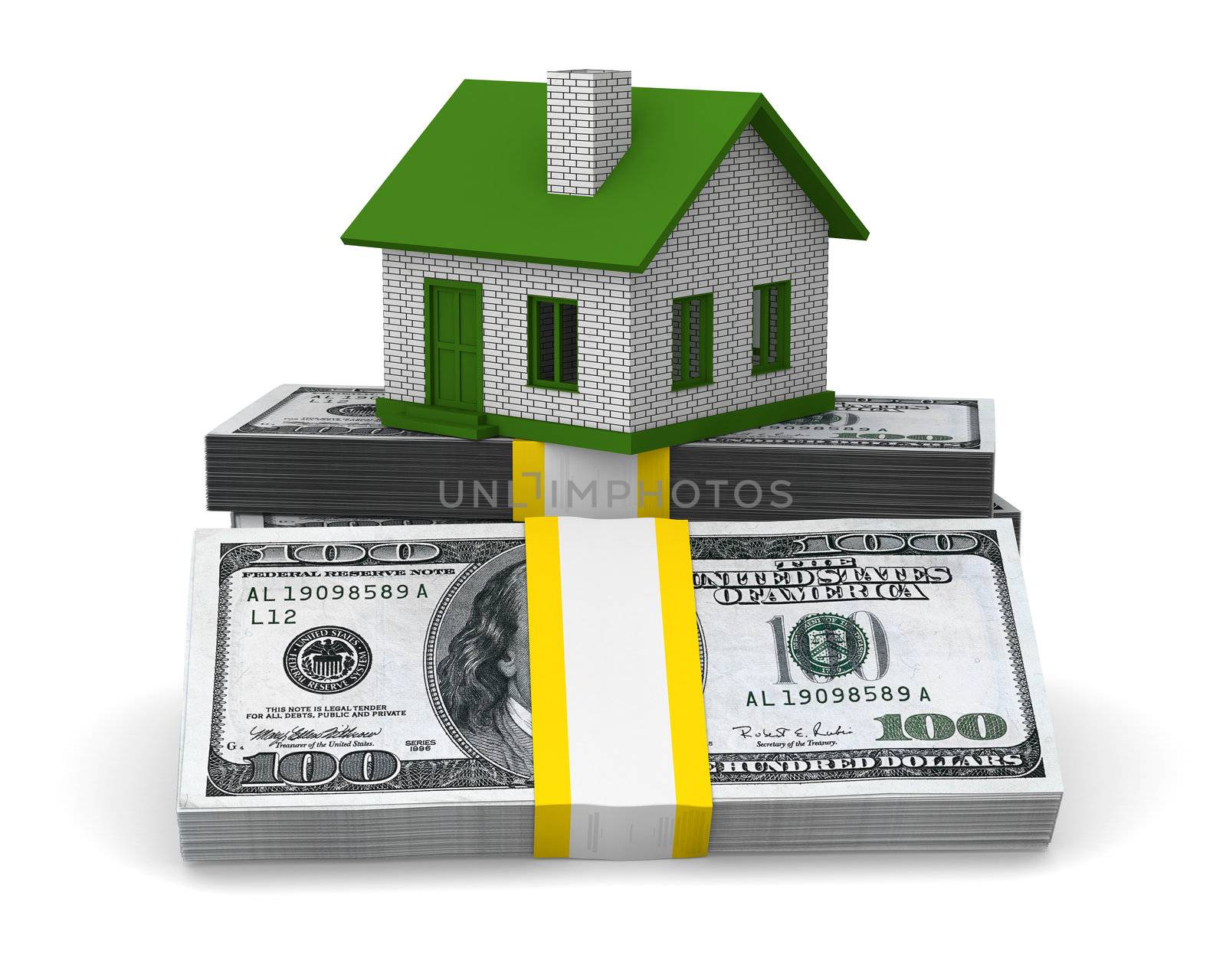 Small house and cash on white background. Isolated 3D image