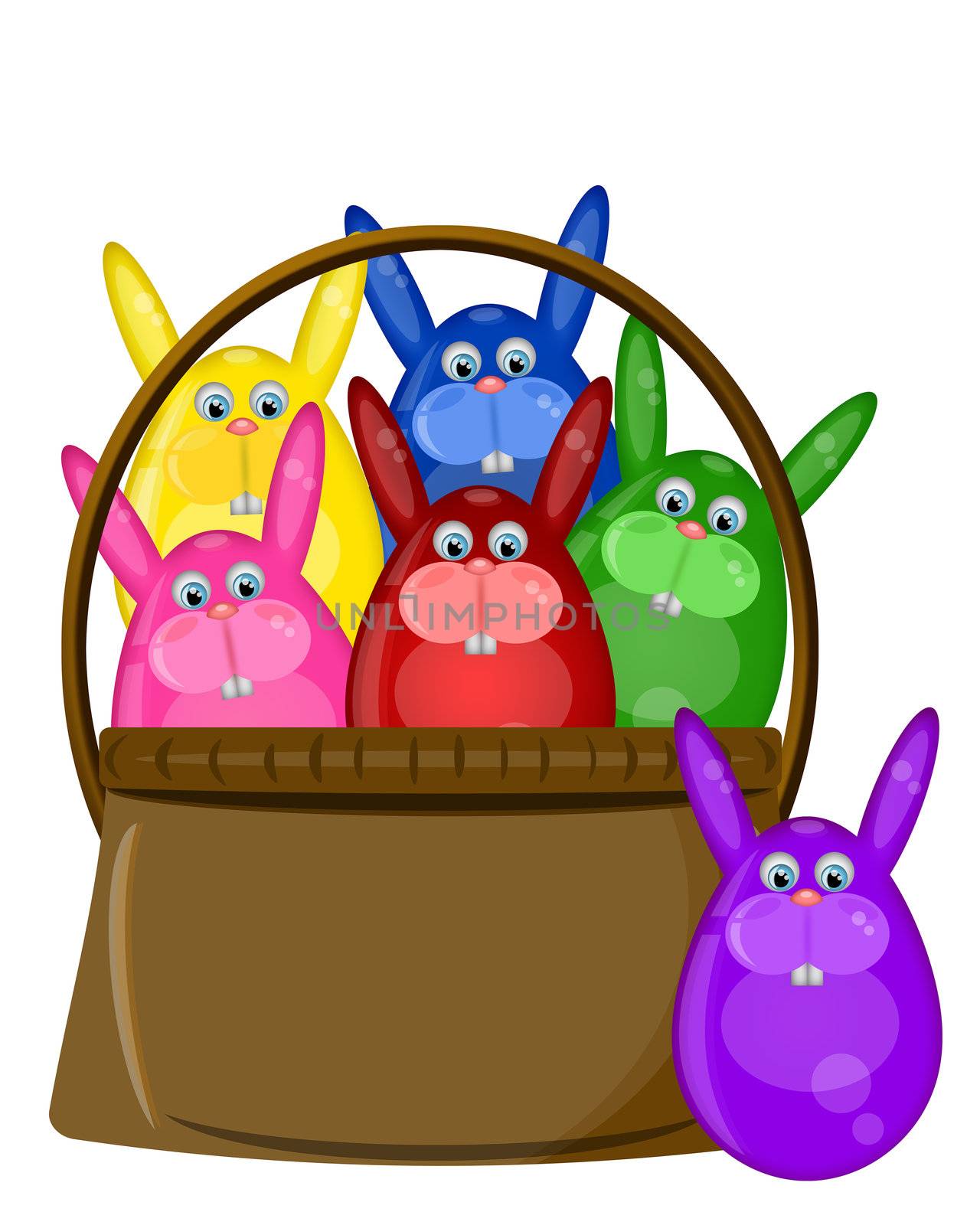 Six Colored Happy Easter Day Bunny Eggs in Basket Illustration