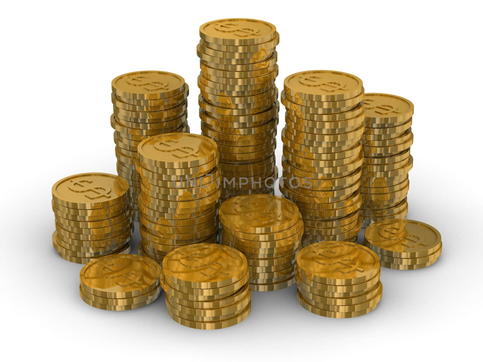 Column of golden coins isolated on white. 3D image.