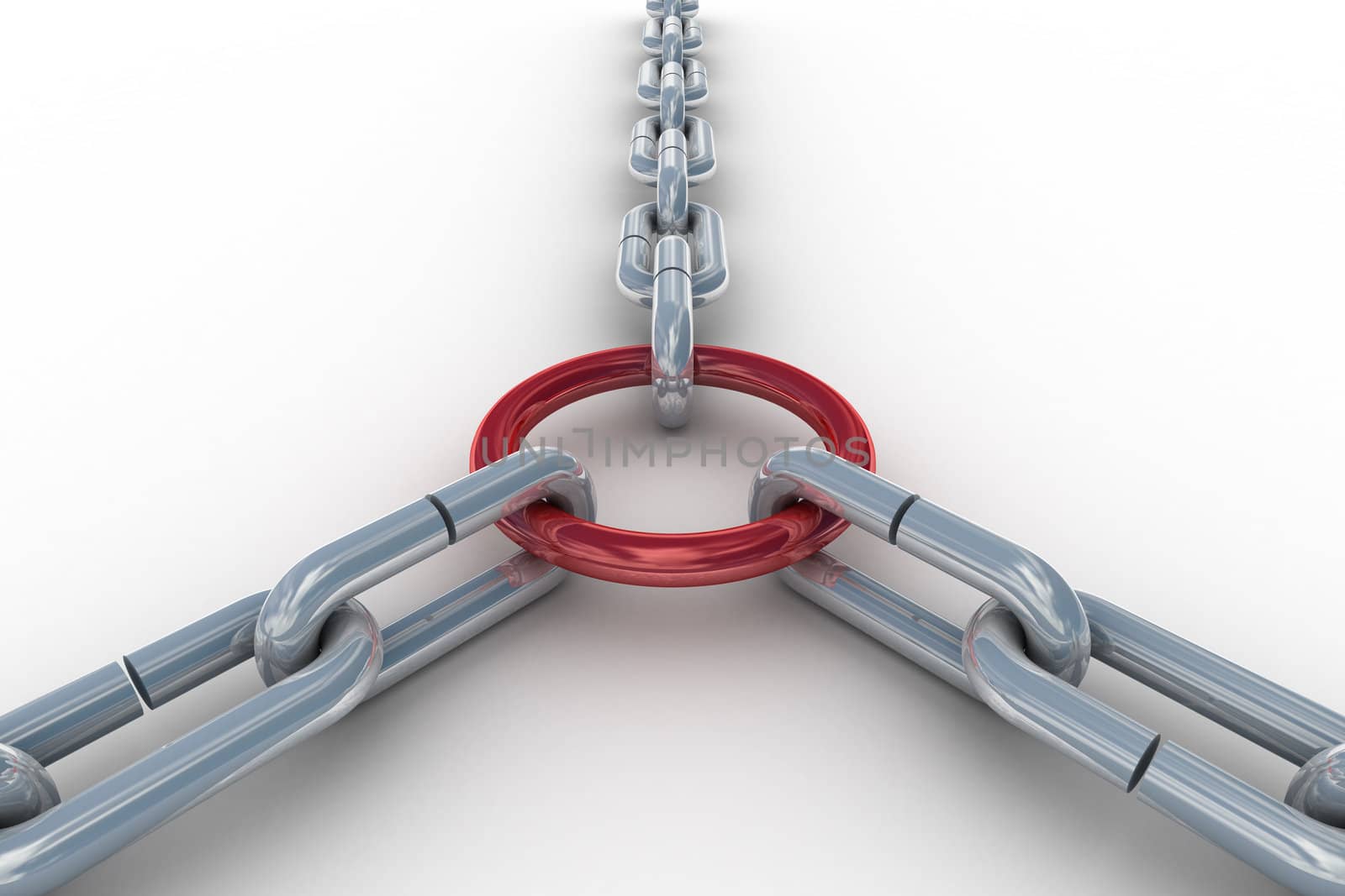 Chain fastened by a red ring. 3D image