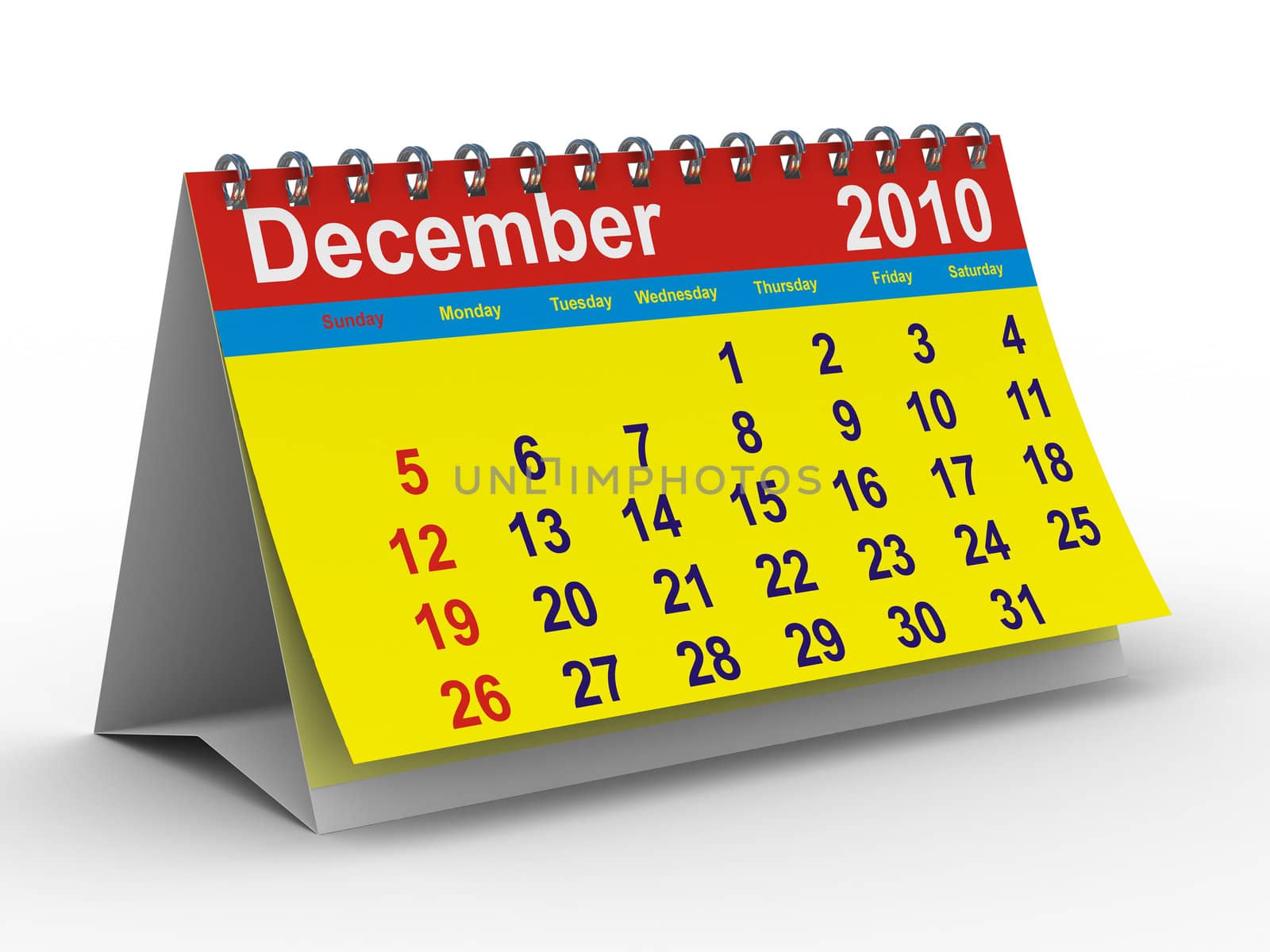 2010 year calendar. December. Isolated 3D image.