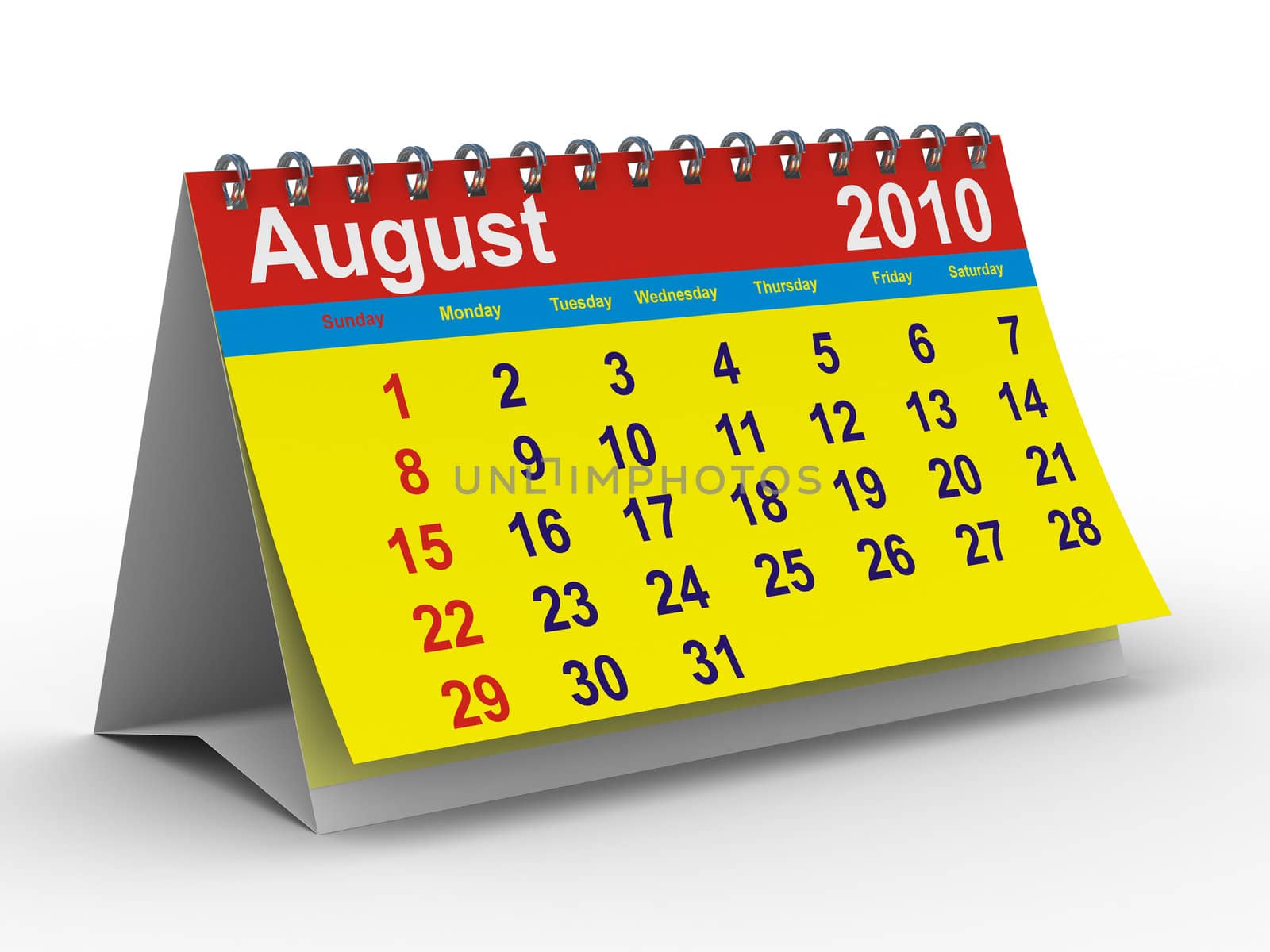 2010 year calendar. August. Isolated 3D image