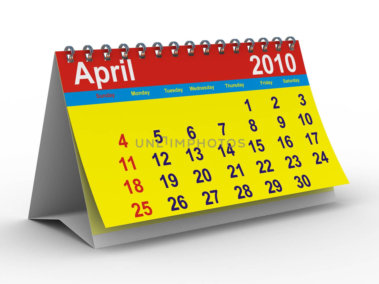 2010 year calendar. April. Isolated 3D image
