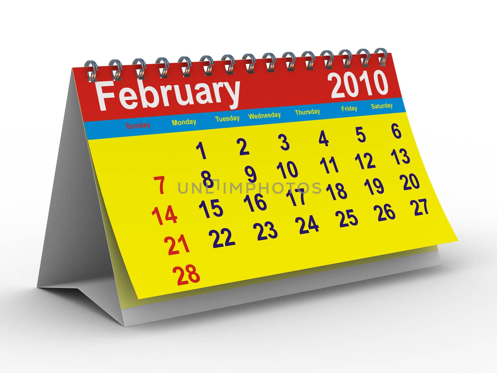 2010 year calendar. February. Isolated 3D image