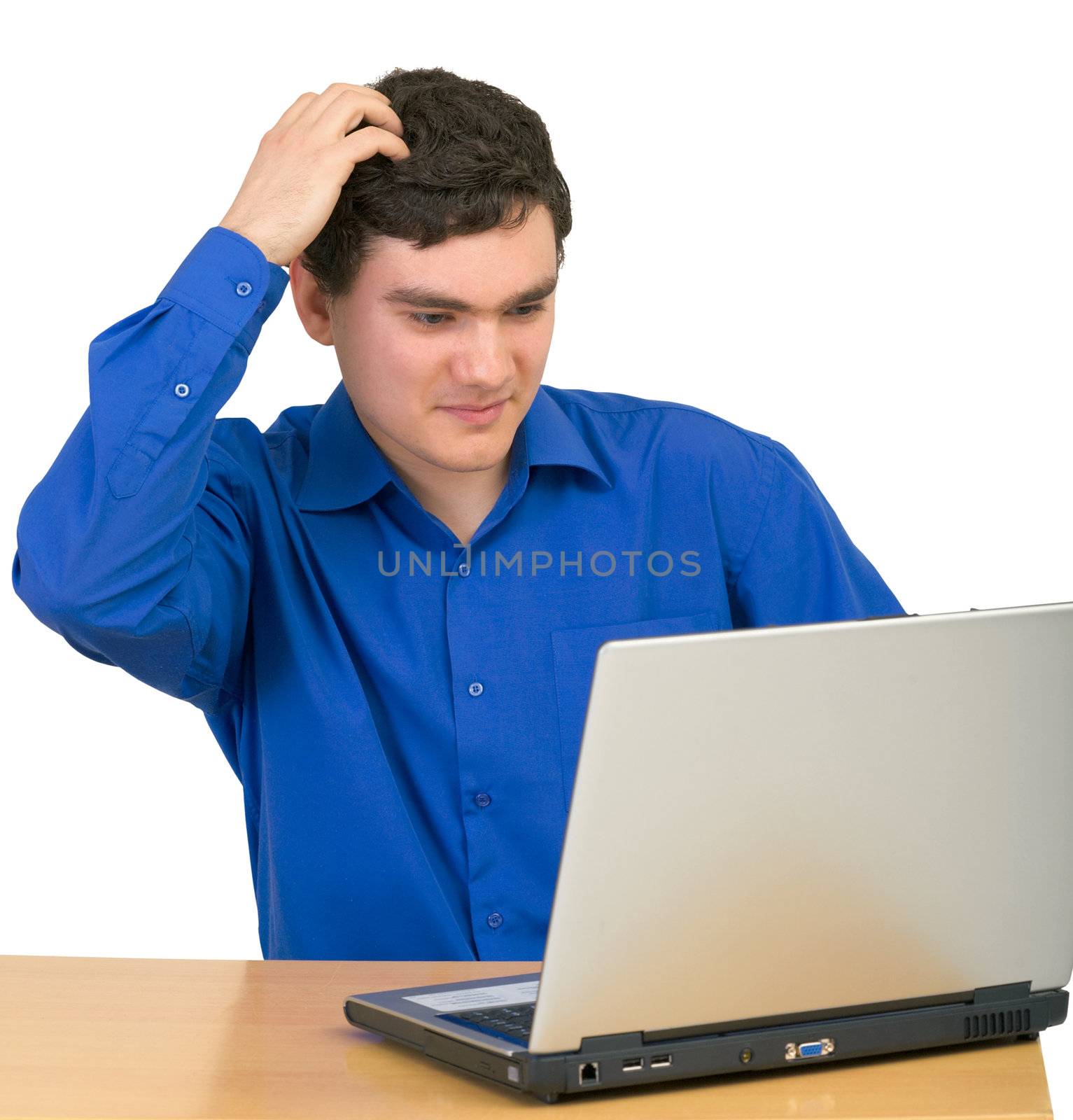 Young man with the laptop isolated on a white background