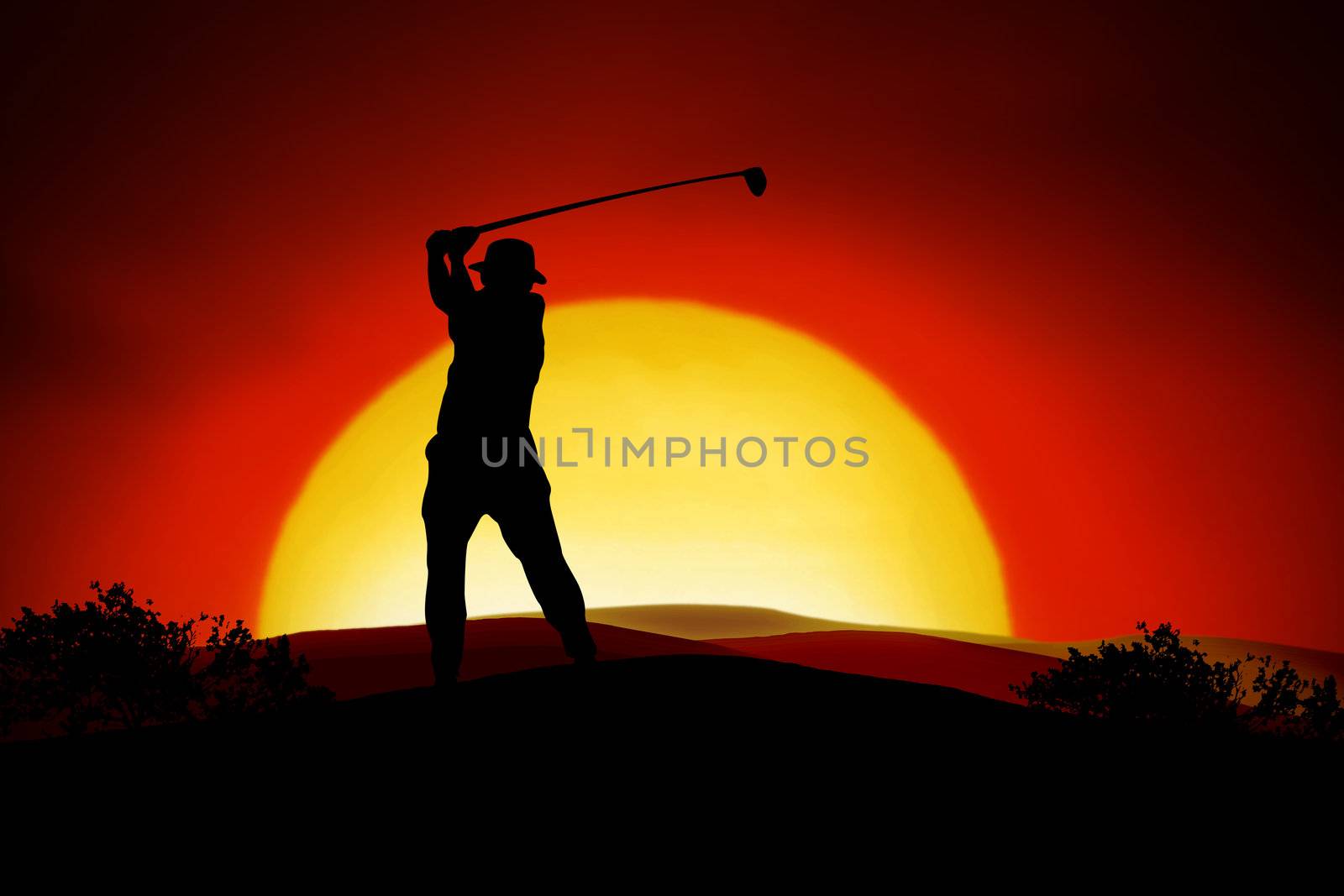 A person is playing golf in the sunset