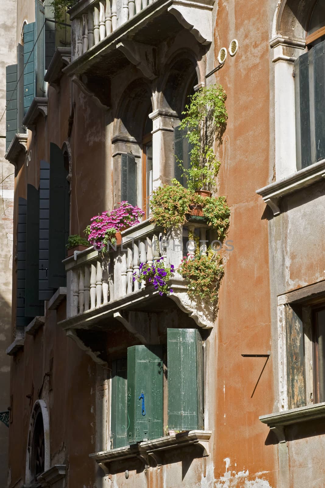 A small balcony with flowers on a typical Italien house. Location: Venice, Italy