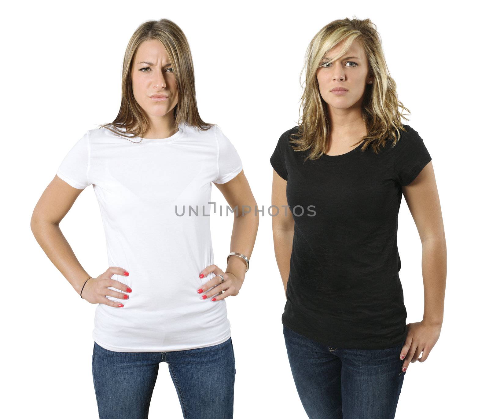 Angry young women posing with blank white and black shirts. Ready for your design or logo.