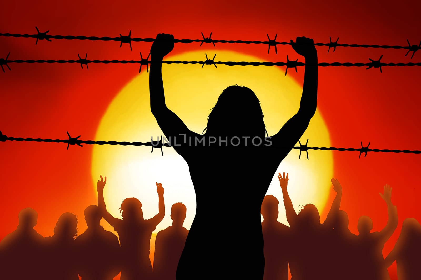 people are captured behind barbed wire