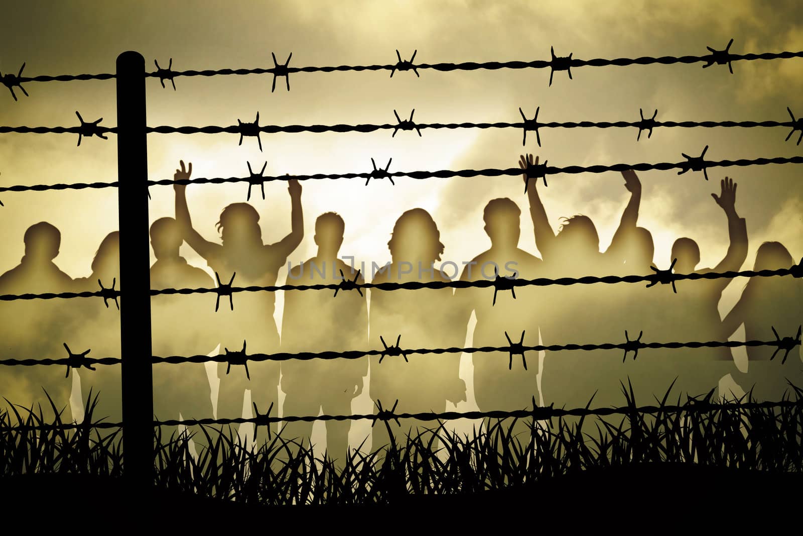 people are captured behind barbed wire