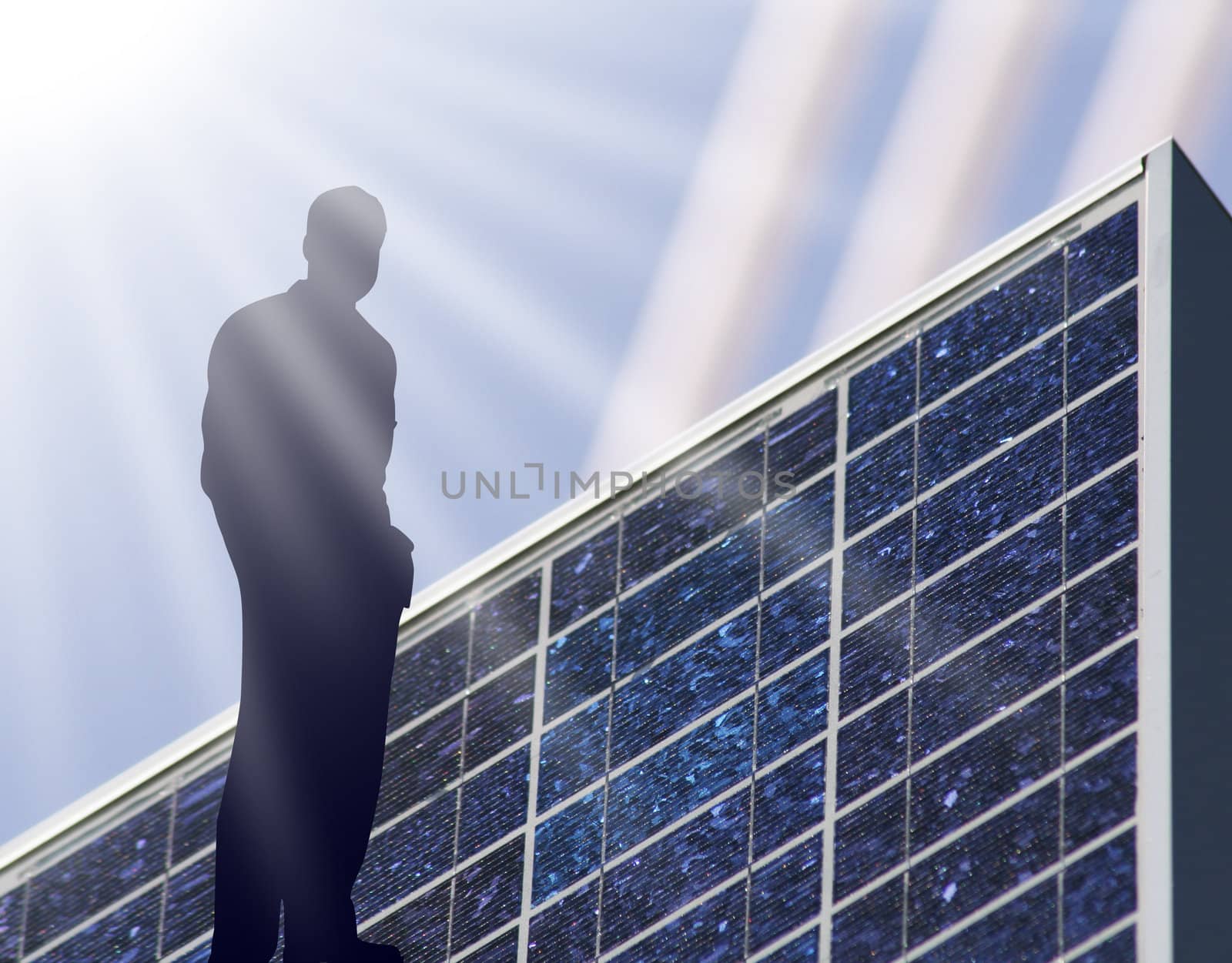 solar panel with blue sky an sunbeam