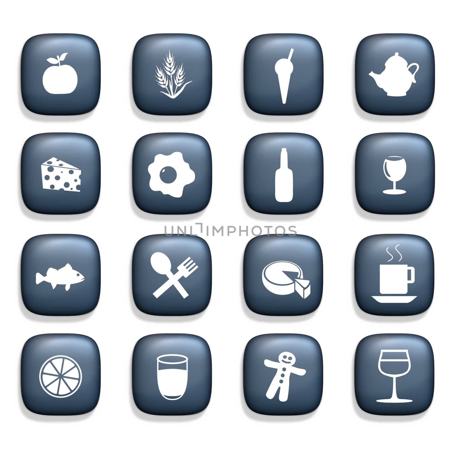 16 icons containing various food and drink symbols over a white background