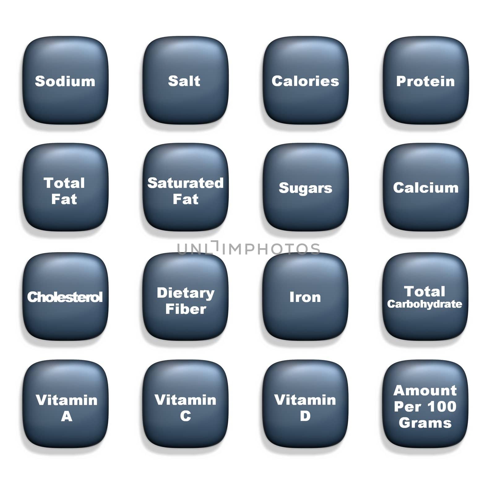 16 icons containing nutrition related words over a white background