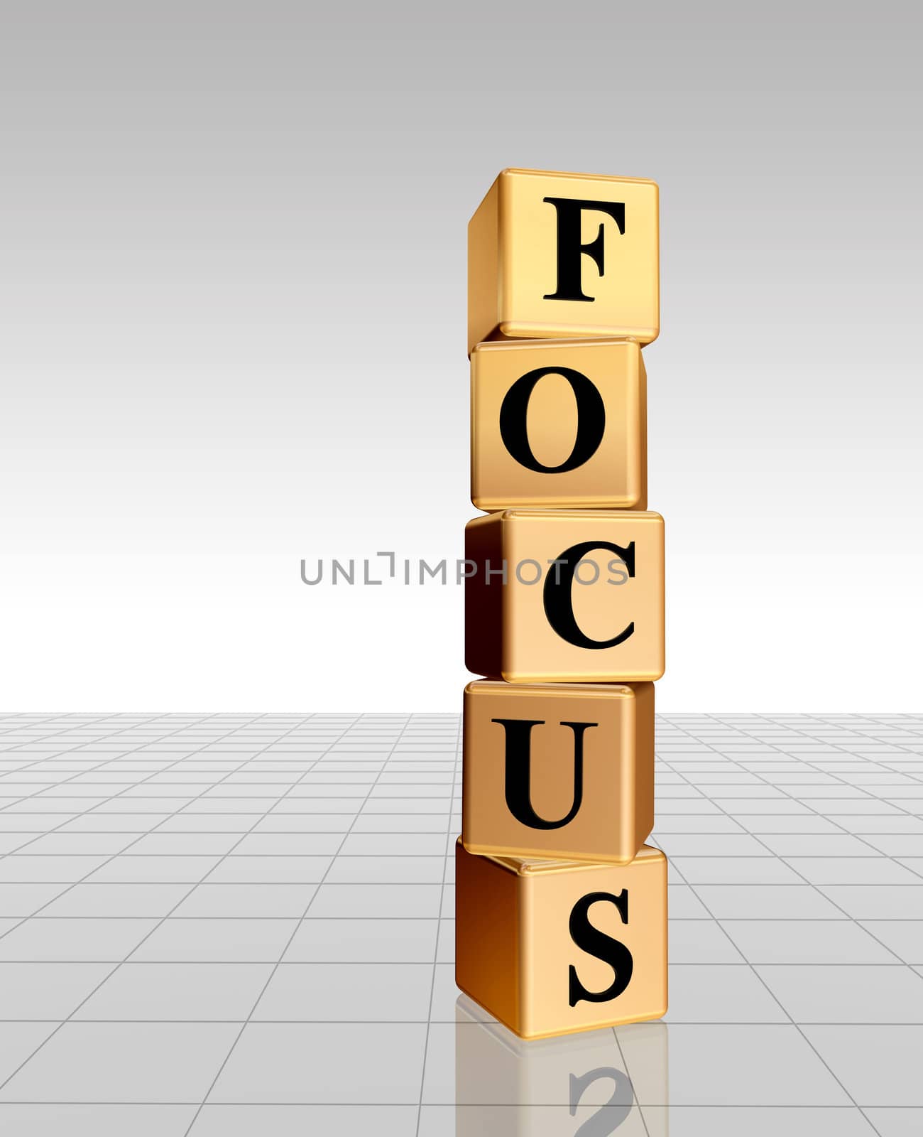 3d golden cubes with text - focus, word, with reflection