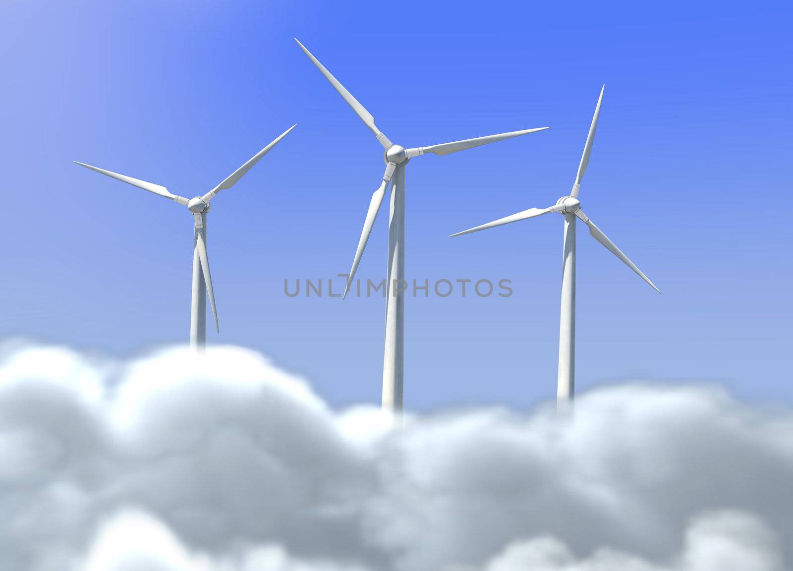 three windmills in the blue sky and white clouds