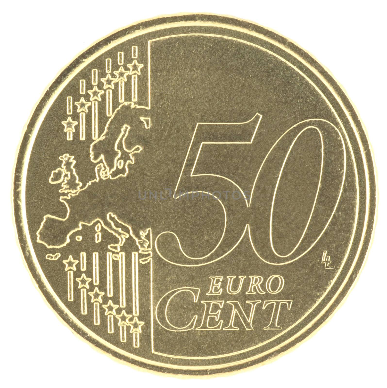 Uncirculated 50 eurocent with new map isolated in white