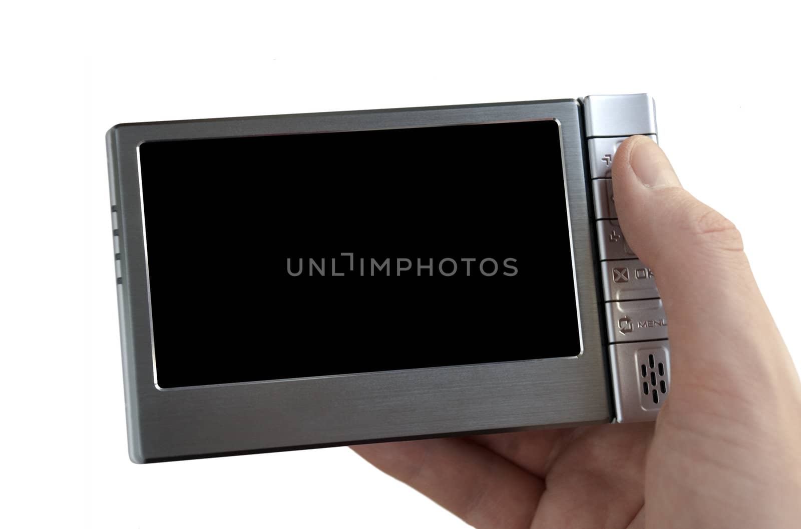 Portable media player (audio & video) in hand, isolated on white. The screen is pure black so it's very easy to add any picture on player screen.