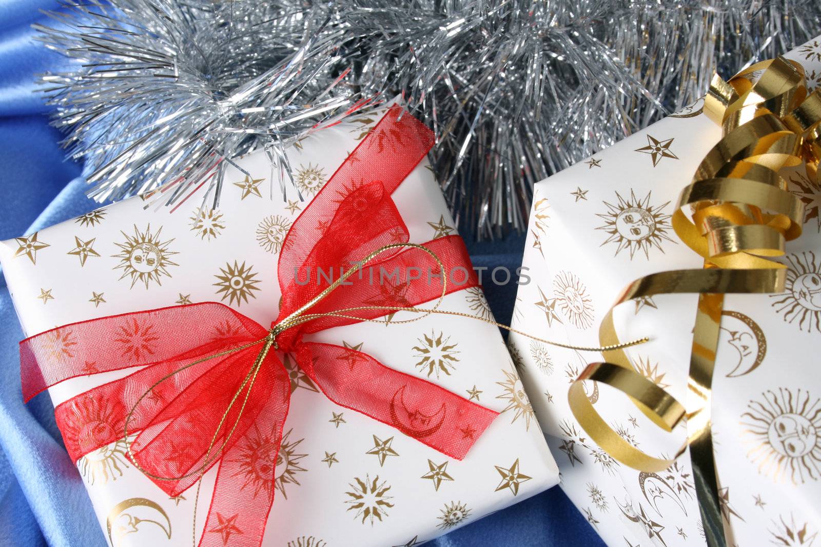 Brightly colored christmas gifts and decorations