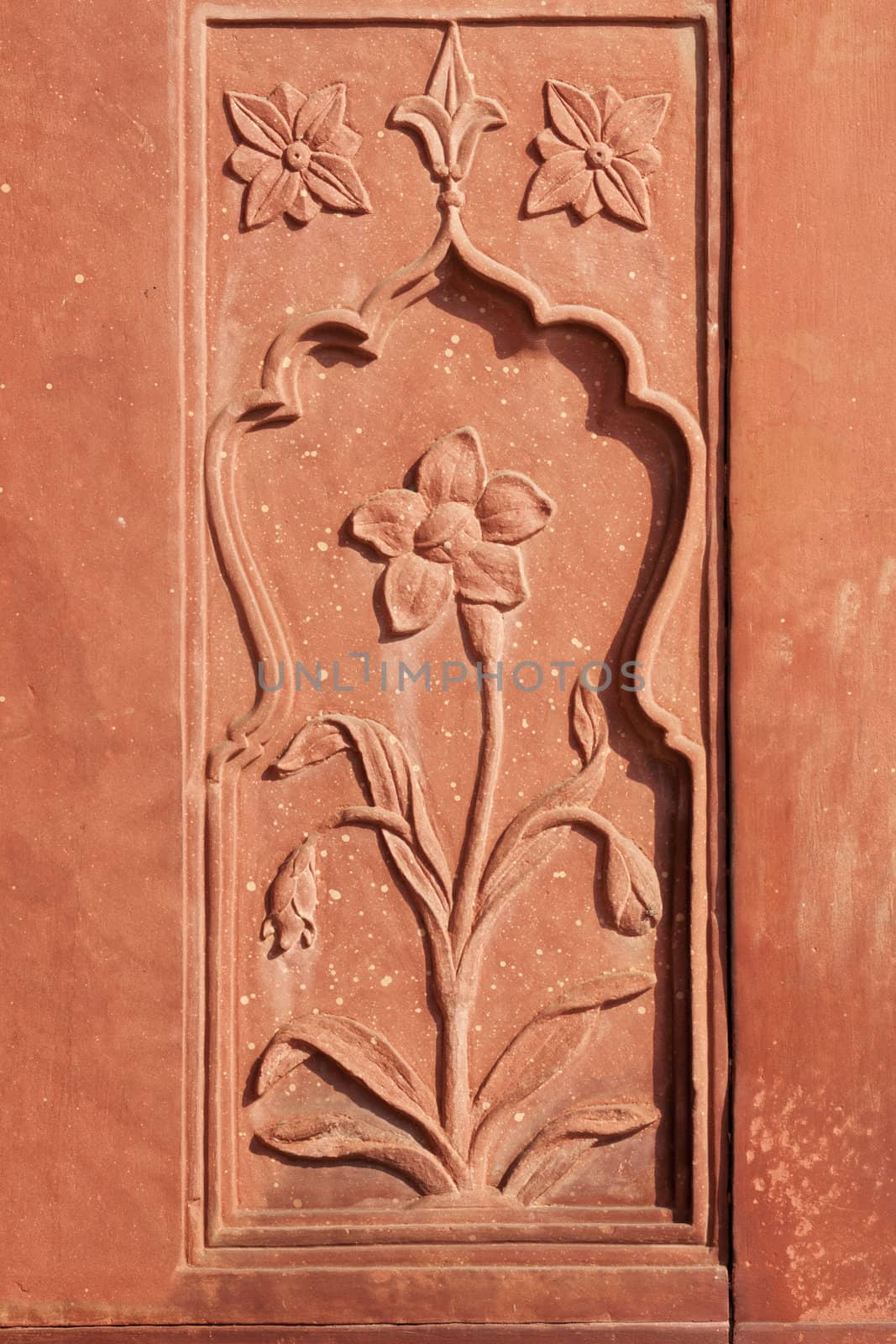 Flower stone carving in red sandstone at the Red Fort's Drum House. by Claudine