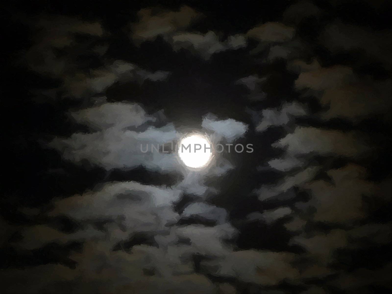 A full moon piercing through the clouds.