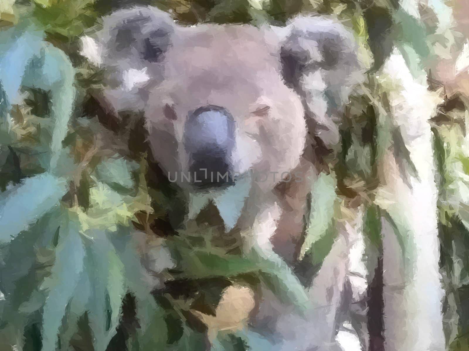 Koala sitting in a tree eating leaves.