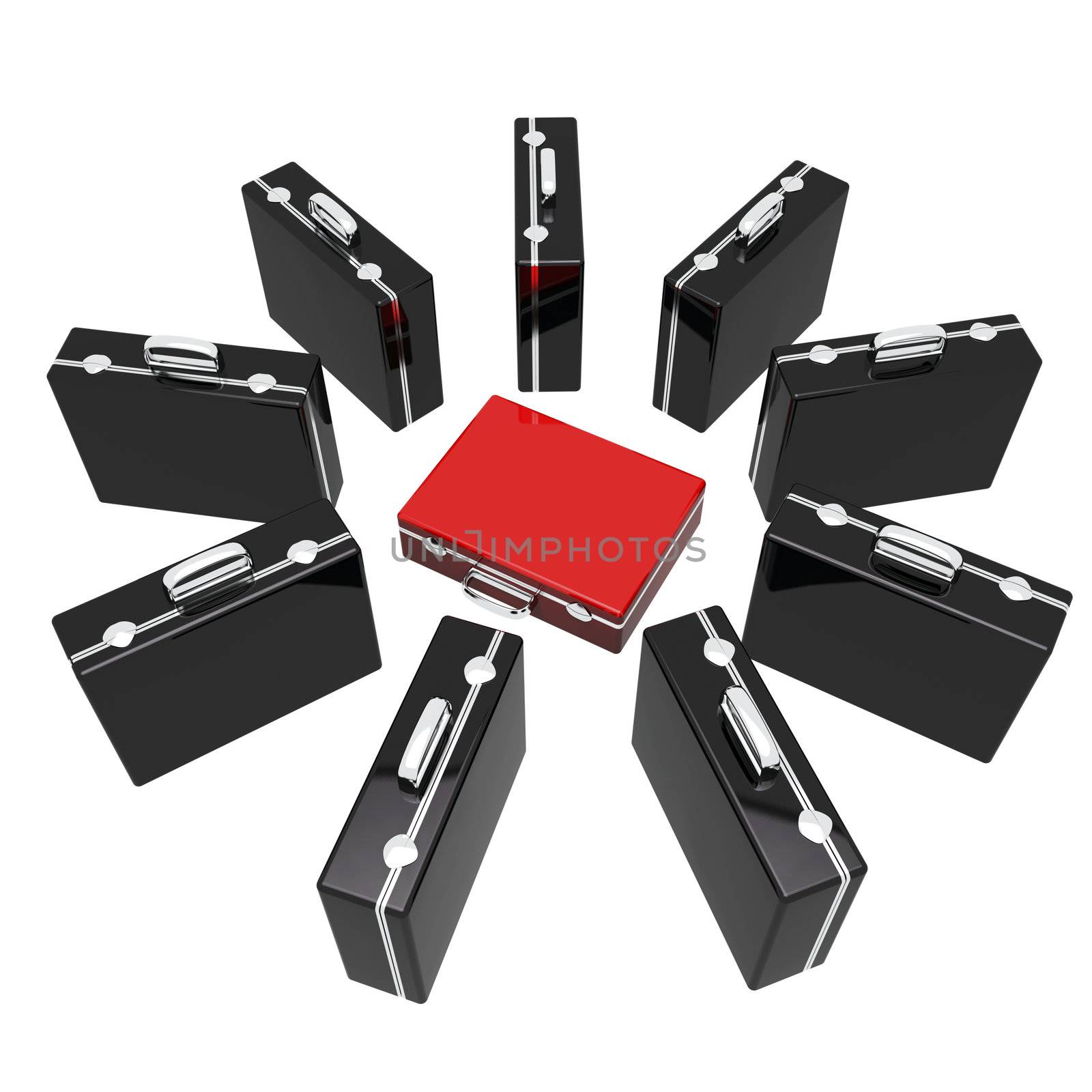 Unique concept of red briefcase stand out from a group of black briefcases