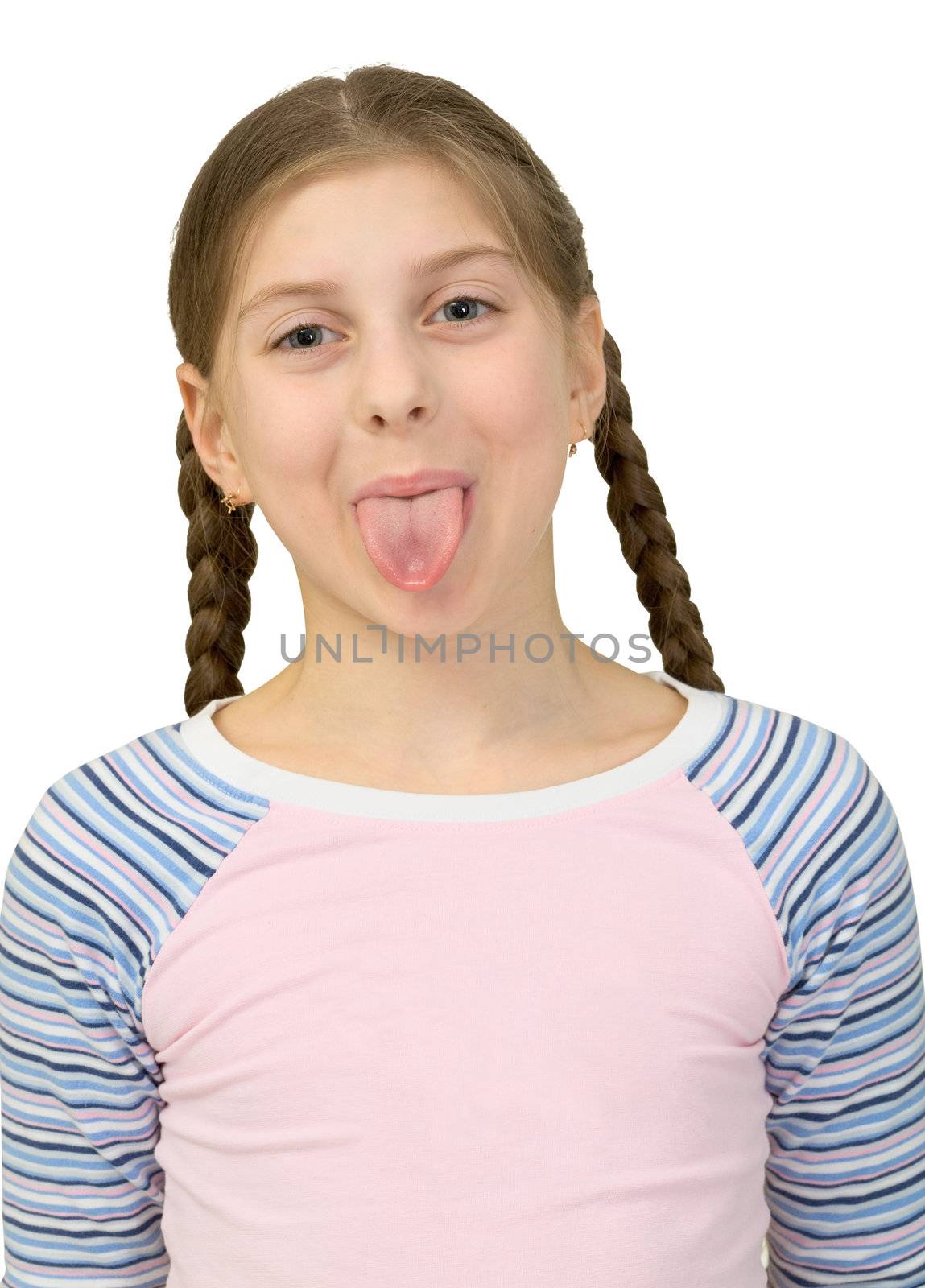 Girl to put out one is tongue on the white background