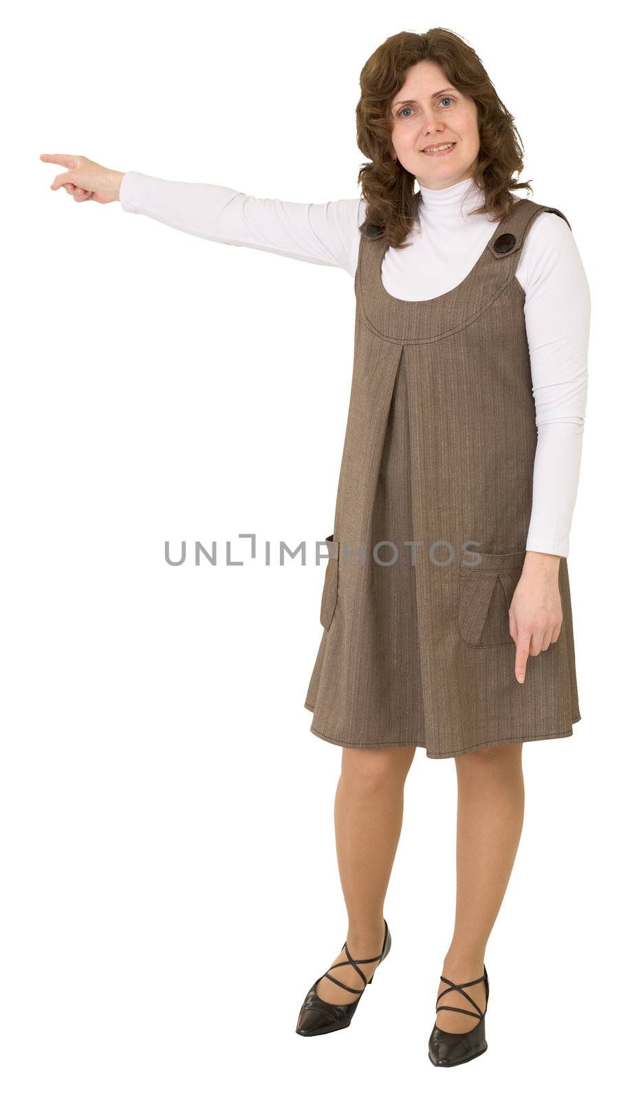 Young woman points to the left her hand