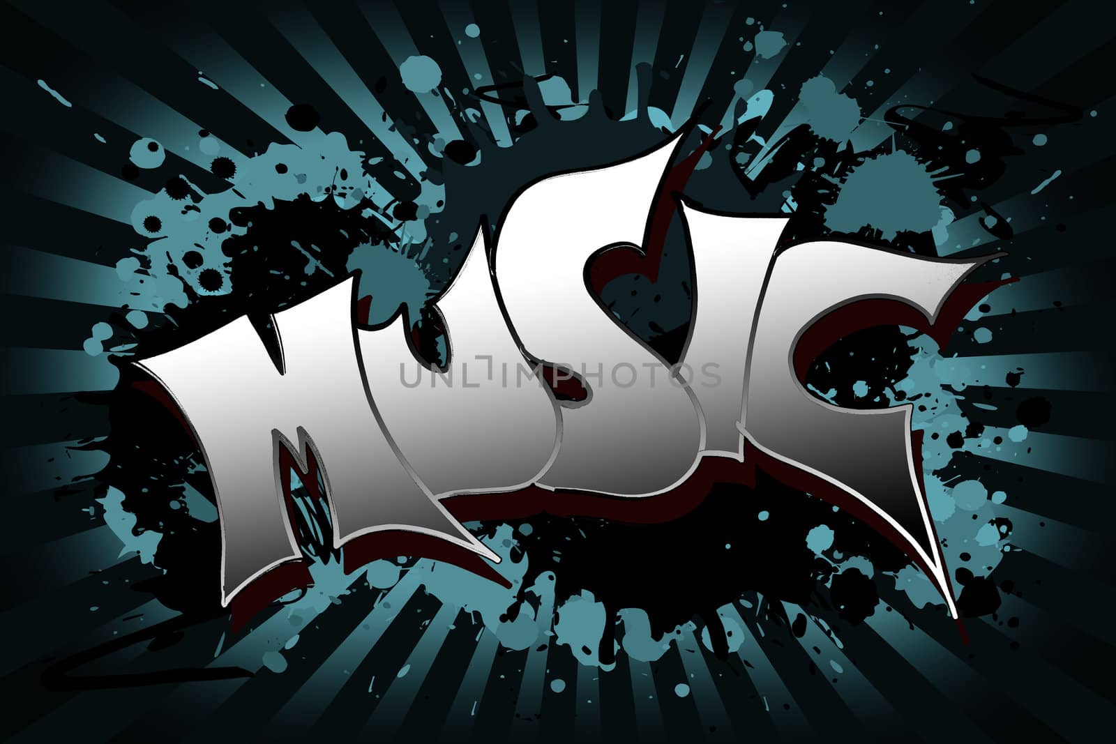 The word music as a grungy colorfully painting