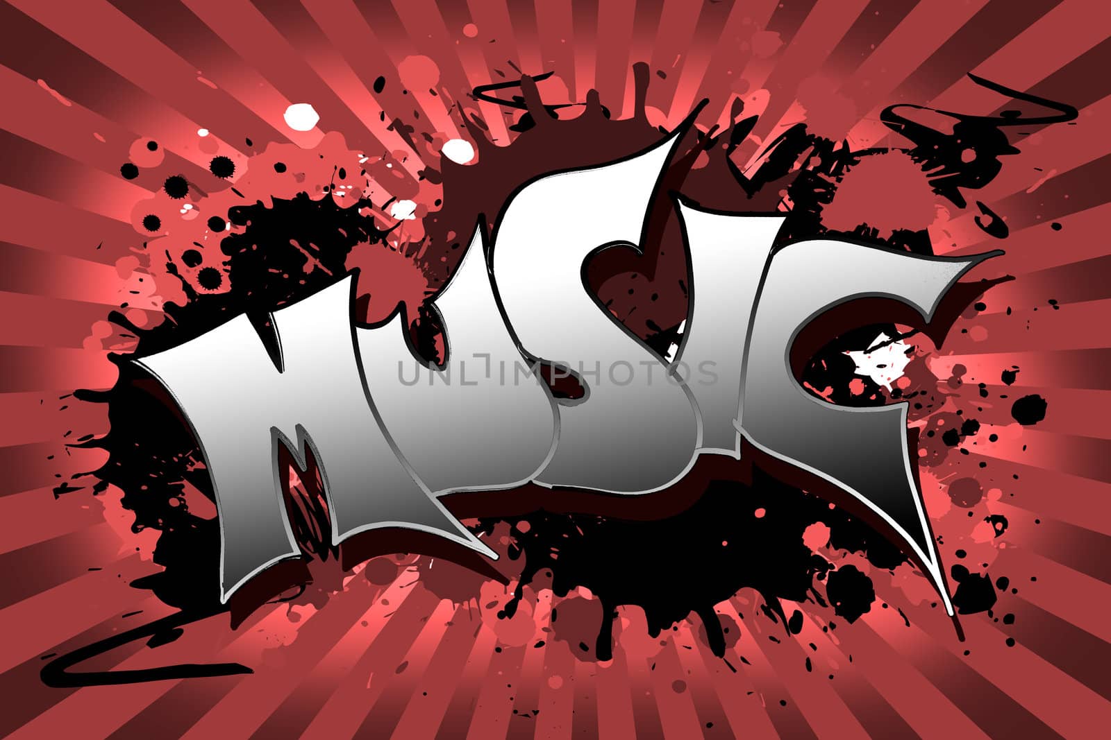 The word music as a grungy colorfully painting