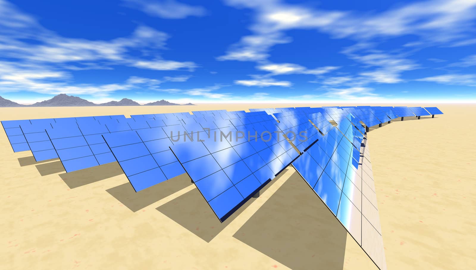Solar electric panels in desert with clouds
