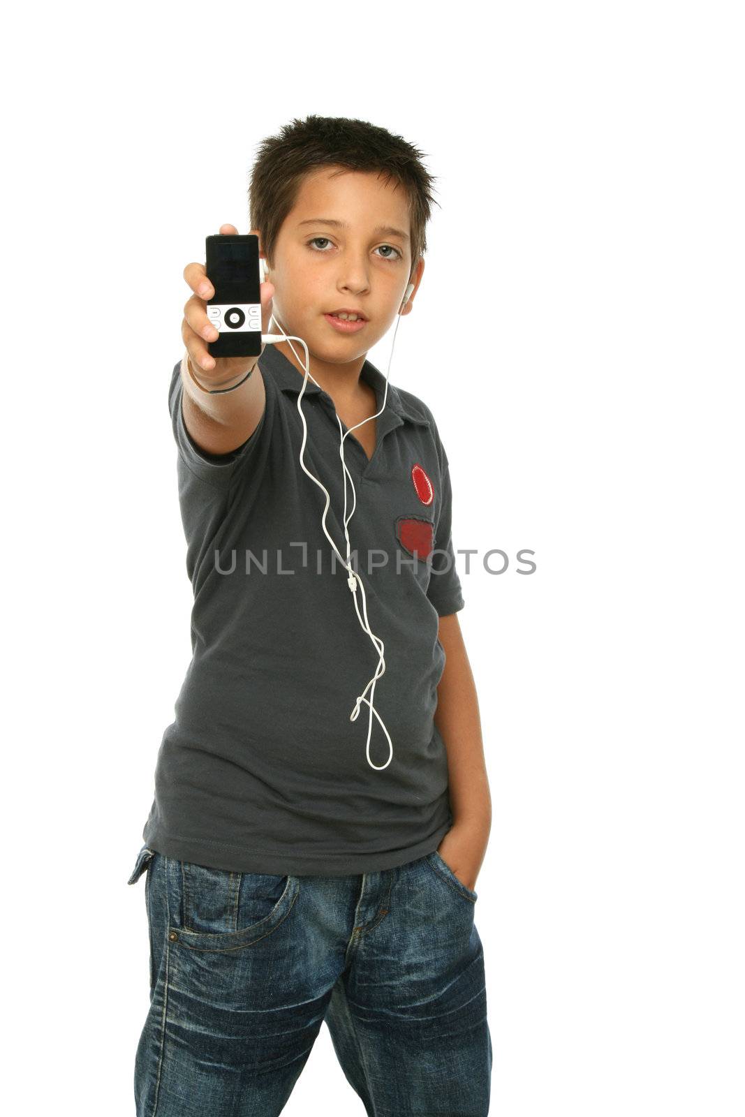 Boy listening music with a mp4 player, white background