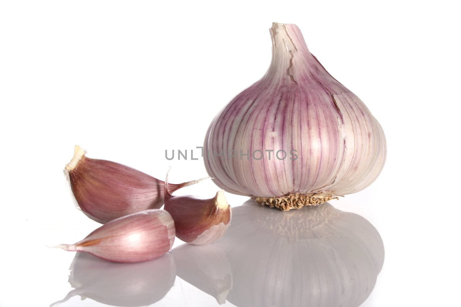 Garlic and cloves over a white background with reflection
