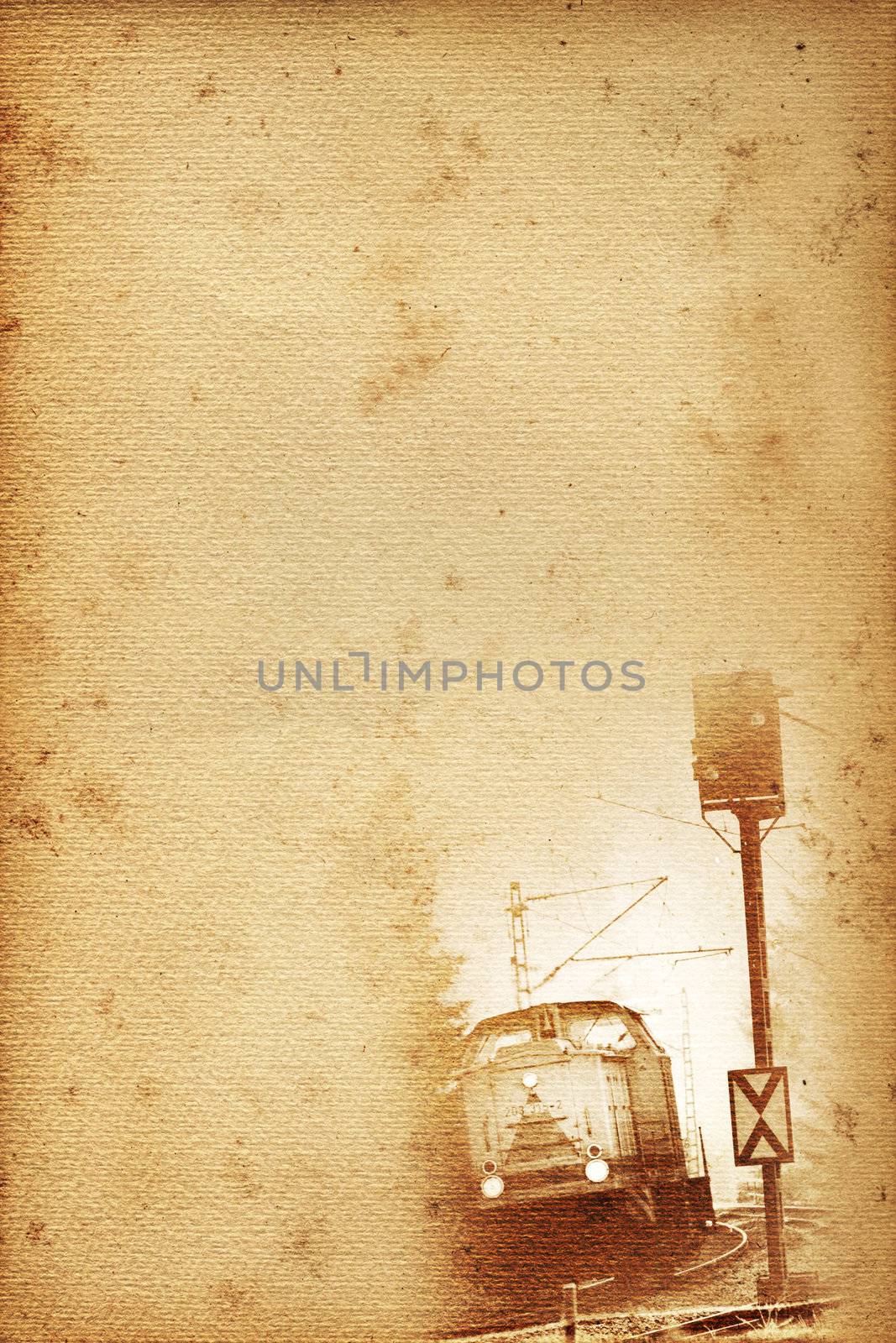 old historical railway paper with locomotive and signal