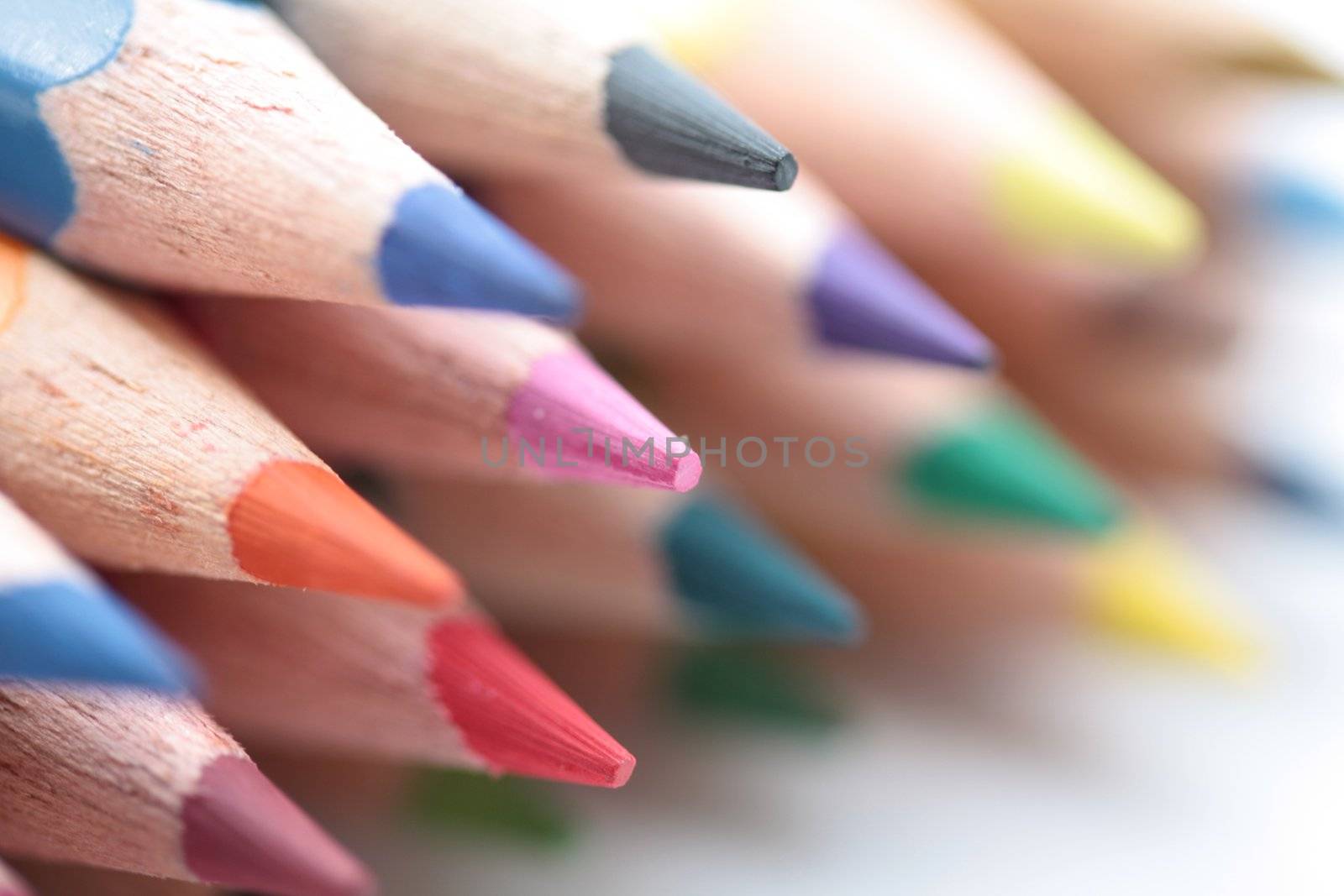 Stack of new color pencils, close up