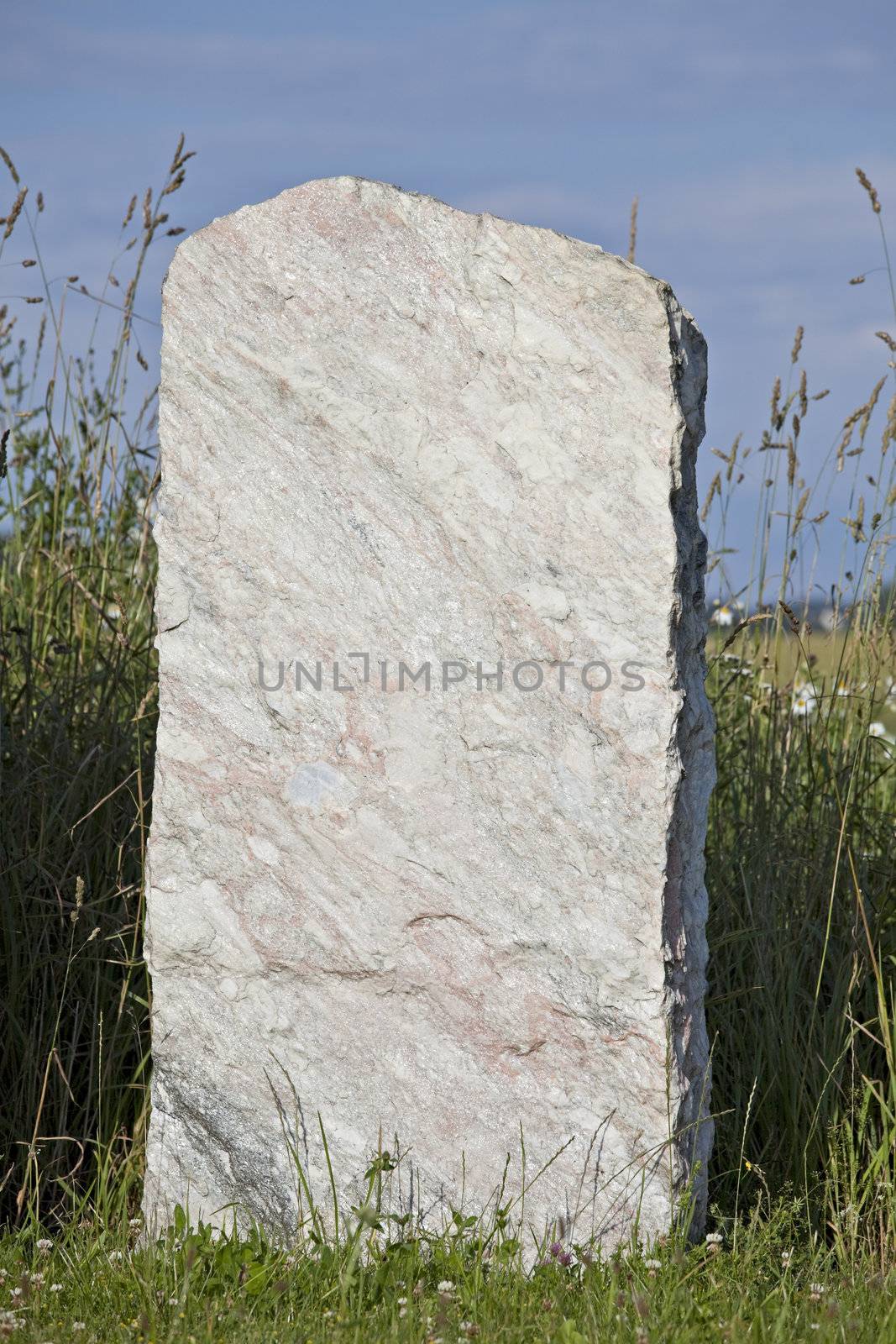 single empty granite gravestone on a grass meadow