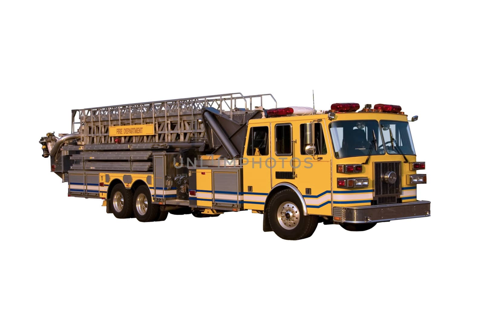 This is a front angle view of a fire truck with a ladder and bucket isolated on a white background.