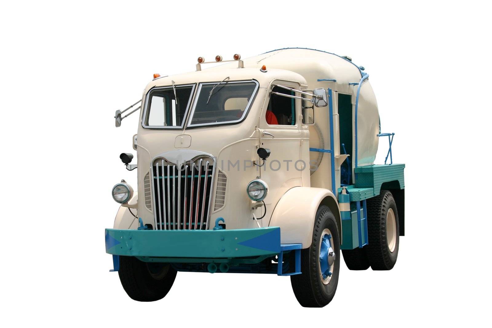 This is a picture of a 1930s cement truck isolated on white.