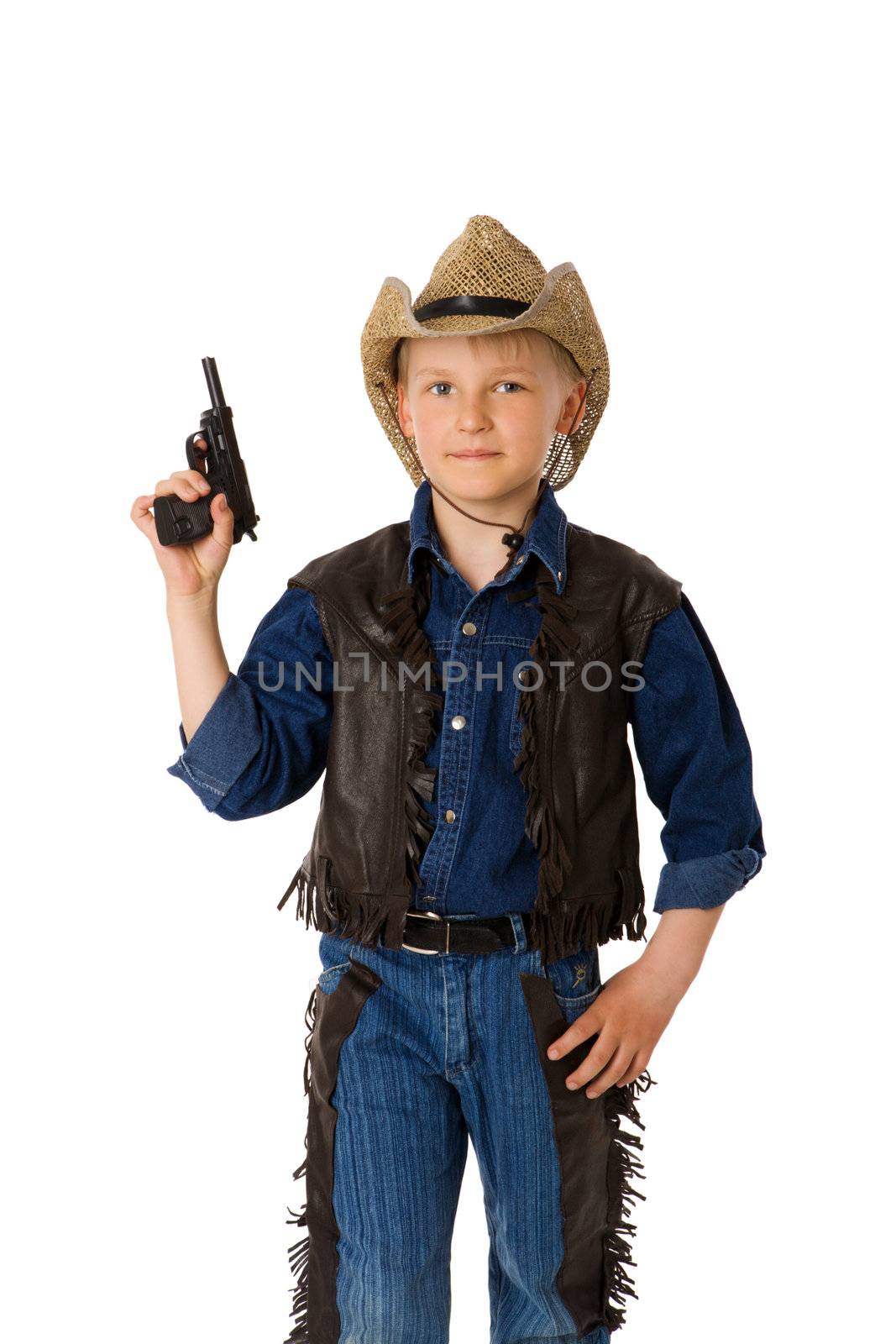 boy wearing clothes of cowboy isolated on white