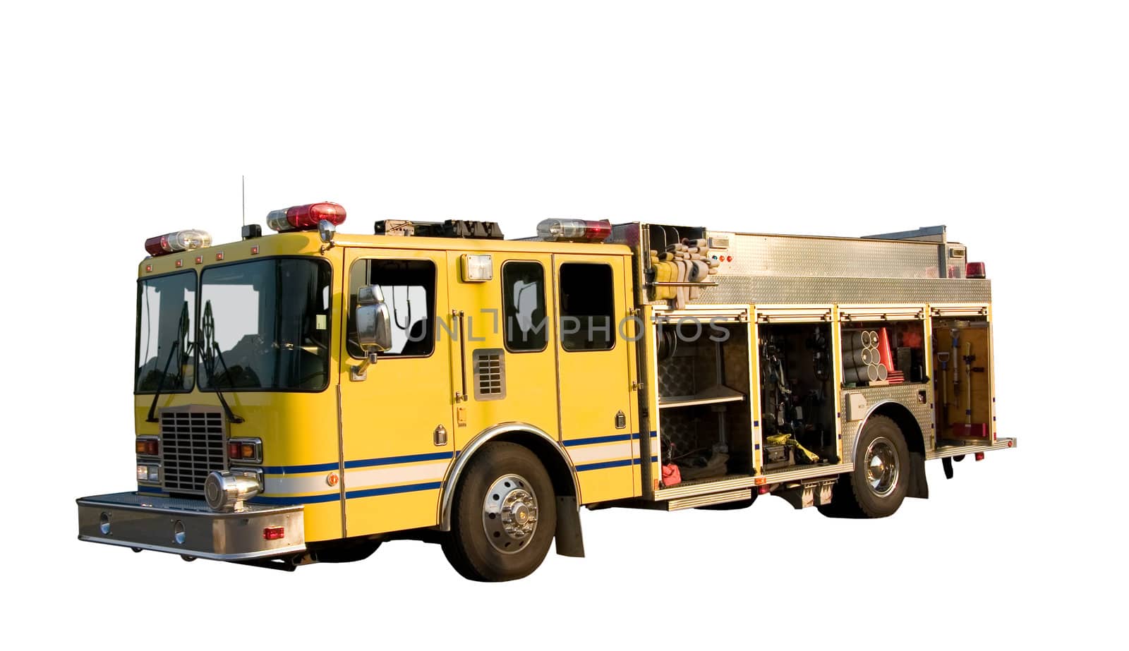 This is a fire department pumper rescue truck isolated on a white background.