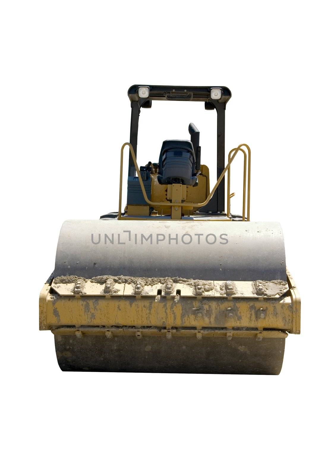 This is a large highway construction packing roller used to pack sand and aggregates before the laying of asphalt. Isolated on a white background.